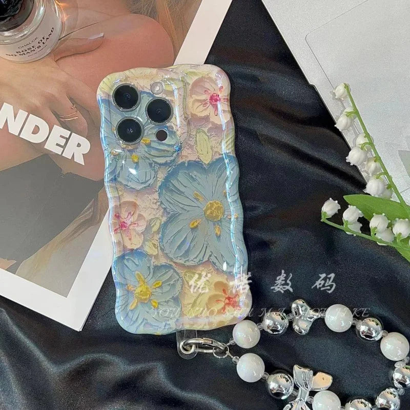 Blue Light Oil Painting Flower Phone Case for iPhone 16 15 14 Proof Anti-knock