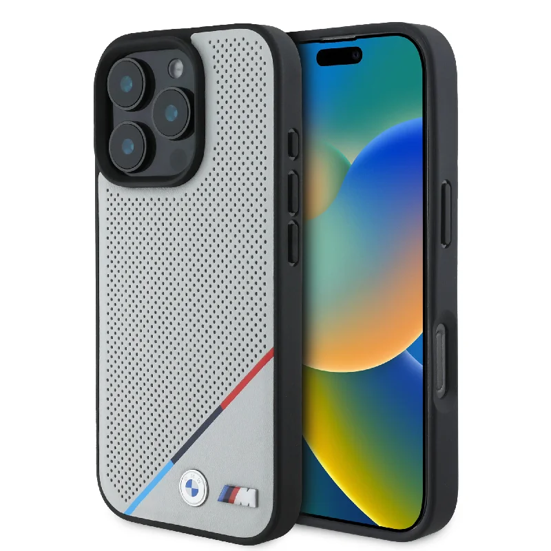 iPhone 16 Pro Max - PU Leather Grey Hard Case MagSafe Compatible Perforated Design With Tricolor Line With Metal Logo - BMW