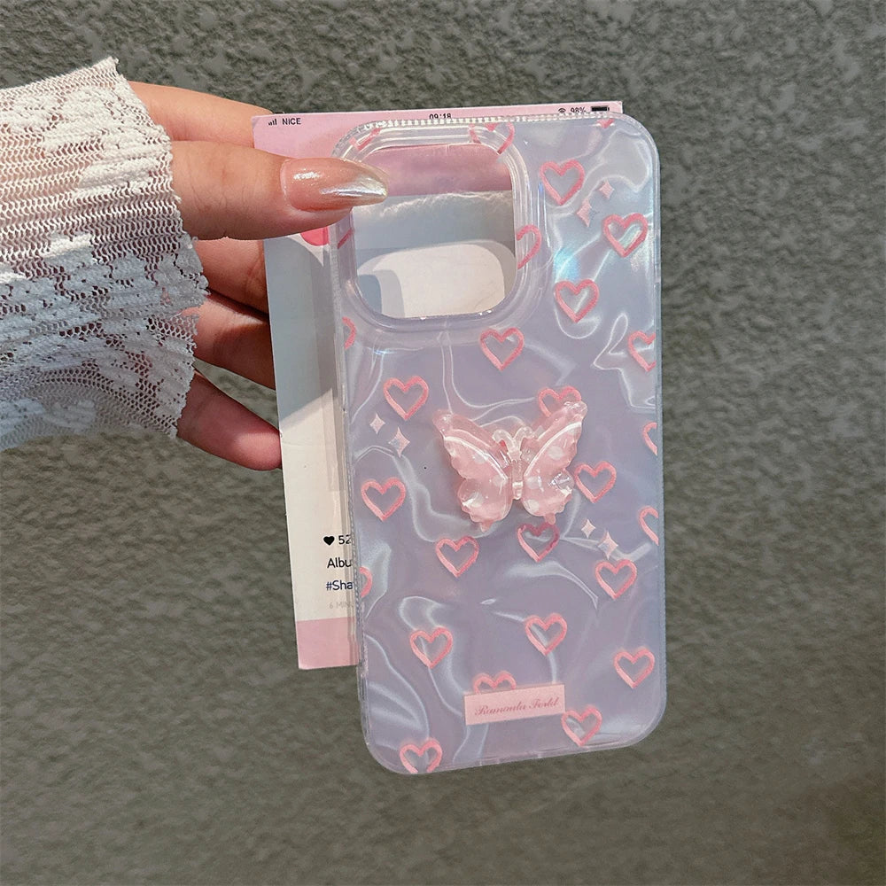 Cute Phone Cases For iPhone 15, 14, 13, 12 Pro Max, 14 Plus, 15 Plus, and 11 - Laser 3D Butterfly Hearts Pattern - TSP366