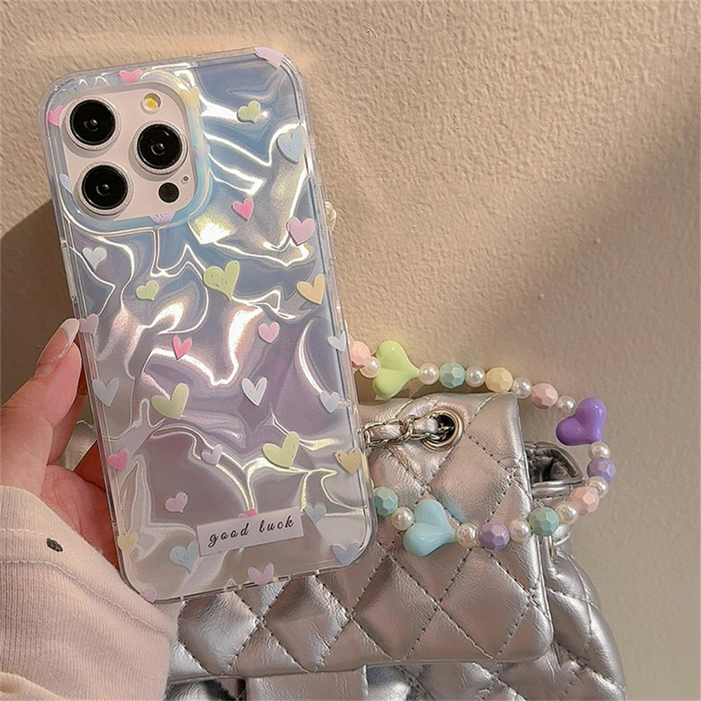 Cute Phone Cases for iPhone 15, 14, 13, 12, Pro Max, and 11 - Colorful Hearts Pattern with Bracelet - TSP353