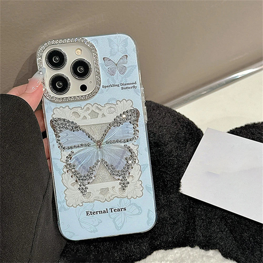 Cute Phone Cases for iPhone 15, 14, 13, 12, Pro Max, or 11 - Glitter Butterfly Blue Bumper Cover - TSP346