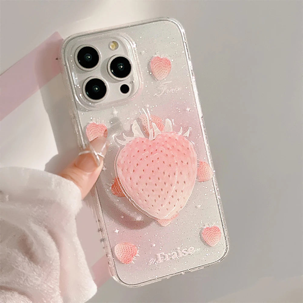 Cute Phone Cases for iPhone 15, 14, 13, 12 Pro Max, Plus & 11 - Glitter Transparent Strawberry - TSP340