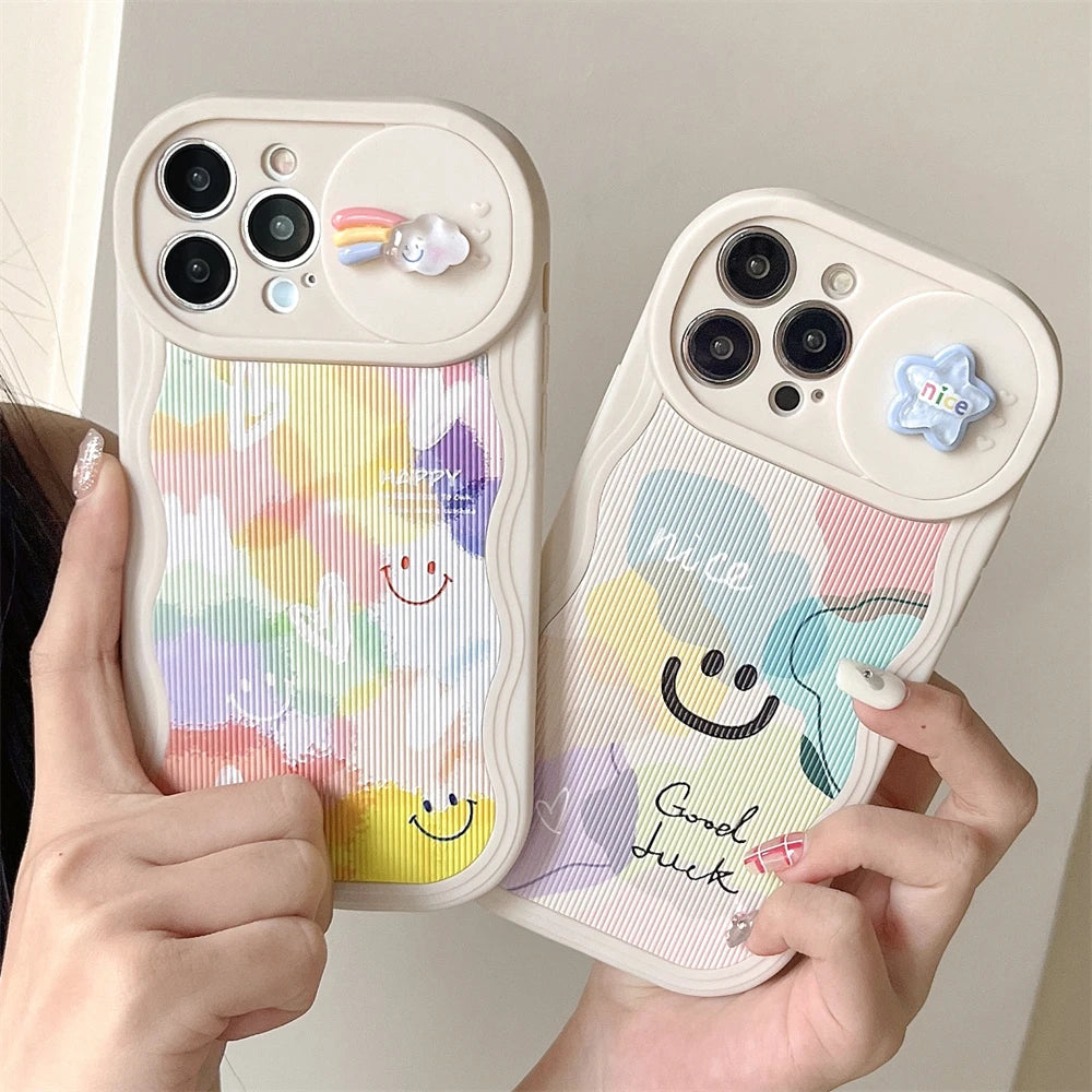 Cute Phone Cases For iPhone 15, 14 Pro Max, 13, 12, 11, and Mini models - Wavy Frame, Cartoon Push Window Lens Protective - TSP374