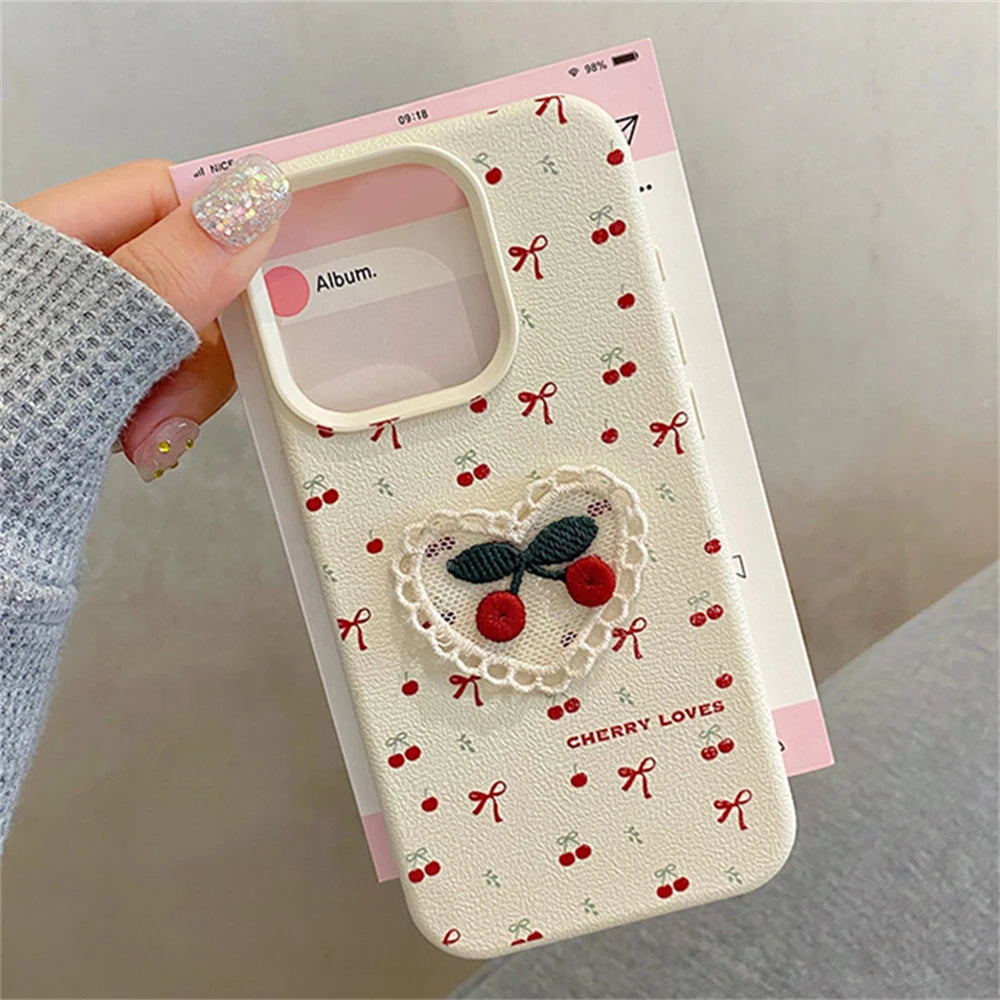 Cute Phone Cases for iPhone 16, 15, 14, 13, 12, and 11 Pro Max - 3D Cherry Bowknot - Leather Cover - TSP362