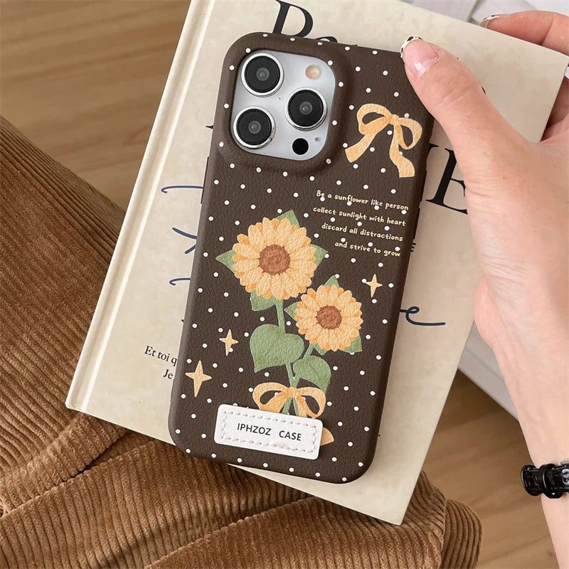 Cute Phone Cases for iPhone 16, 15, 14, 13, and 12 Pro Max - Polka Dots with Flowers - Leather Covers - TSP332