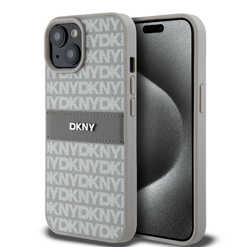 iPhone 16 - PU Leather Beige Hard Case Repeat Texture Pattern With Tonal Stripe - DKNY