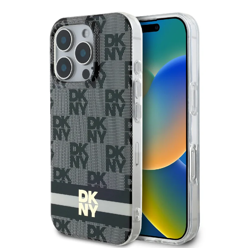 iPhone 16 Pro - PC/TPU Black Hard Case MagSafe Compatible Checkered Pattern With Printed Stripes - DKNY