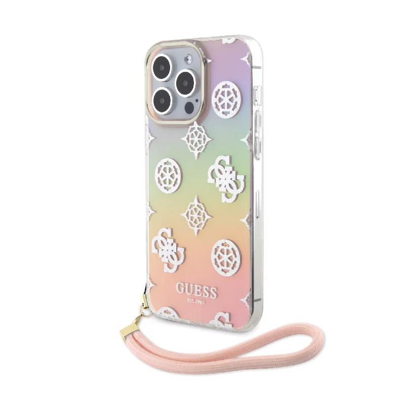 iPhone 15 Pro - PC/TPU Pink PC TPU Iridescent Hard Case Glitter Pattern Peony Cordstrap - GUESS