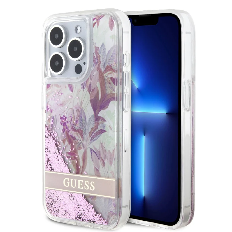 iPhone 15 Pro - PC/TPU Pink Hard Case Liquid Glitter Flower - GUESS