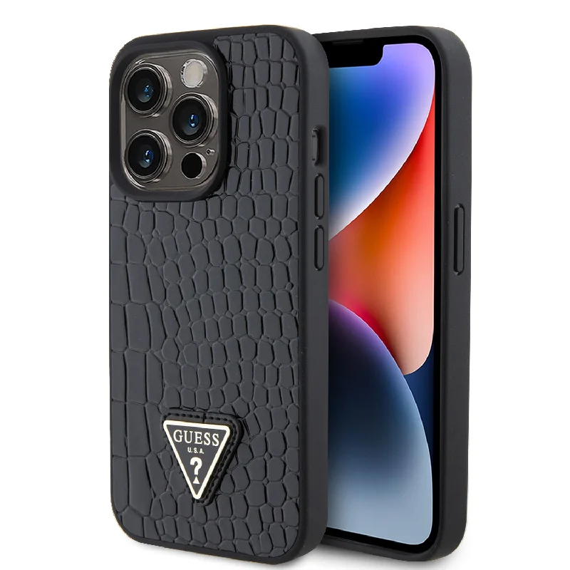 iPhone 15 Pro - PU Leather Black Hard Case PU Croco Triangle Logo - GUESS