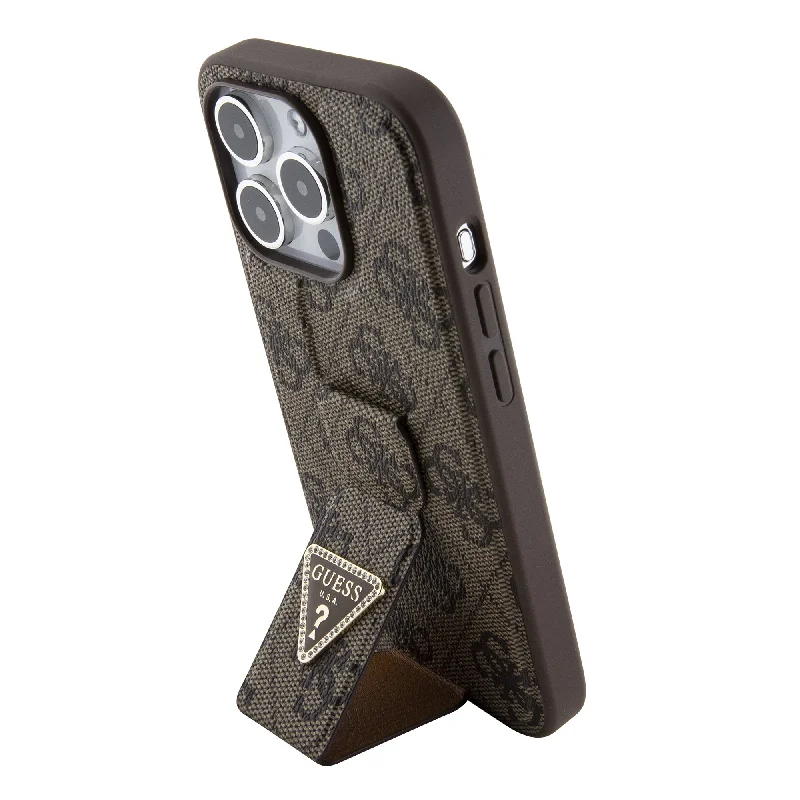 iPhone 15 Pro - PU Leather Brown Hard Case Gripstand PU Leather 4G Triangle Strass Brown - GUESS