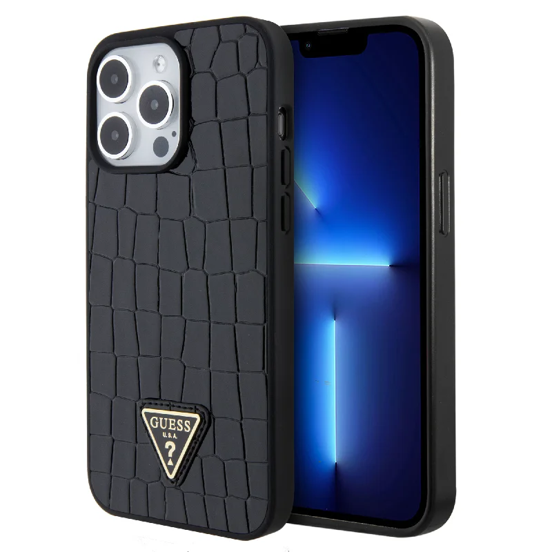 iPhone 15 Pro Max - PU Leather Black Hard Case PU Croco Triangle Logo - GUESS