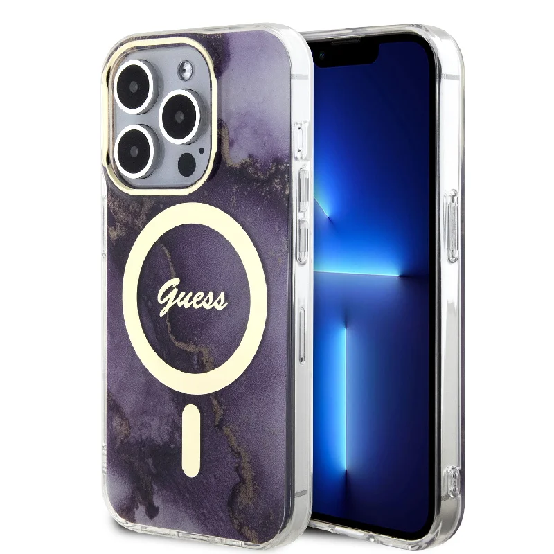 iPhone 15 Pro - PC/TPU Purple Hard Case Magsafe Iml Golden Marble - GUESS