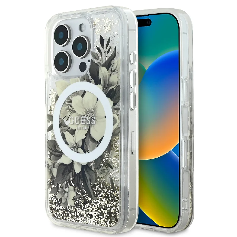 iPhone 16 Pro - PC/TPU Beige Hard Case MagSafe Compatible Liquid Glitter Flower Design - GUESS