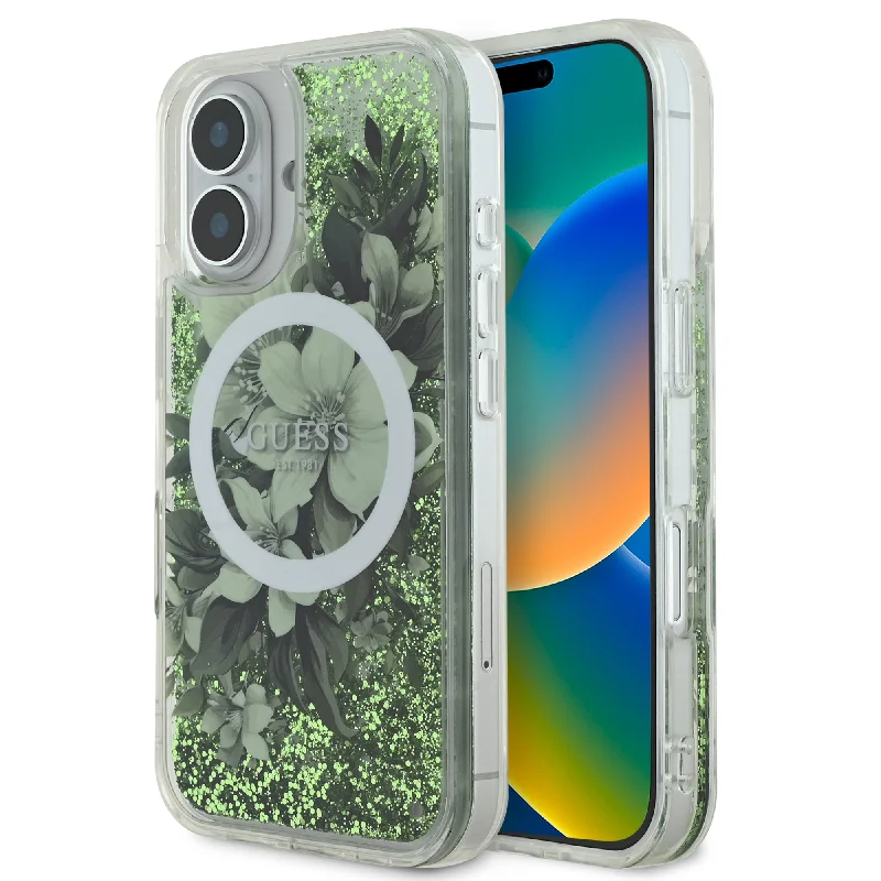 iPhone 16 - PC/TPU Green Hard Case MagSafe Compatible Liquid Glitter Flower Design - GUESS