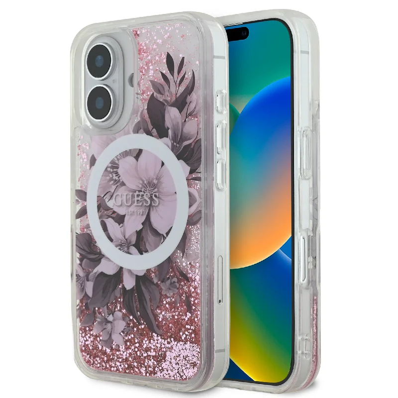 iPhone 16 - PC/TPU Pink Hard Case MagSafe Compatible Liquid Glitter Flower Design - GUESS