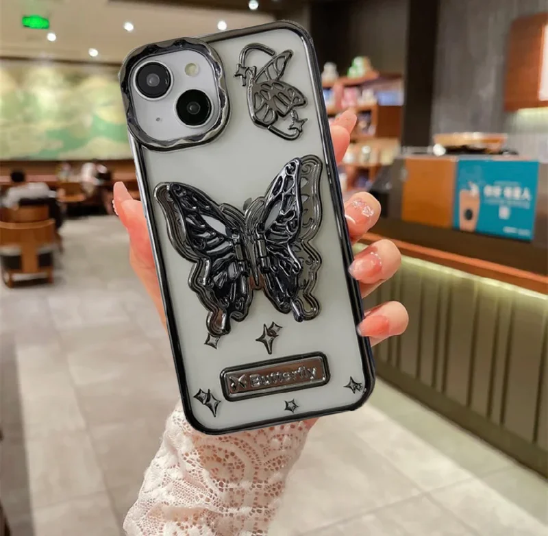 iPhone 15 Plus Premium Butterfly Transparent Silicone Case - Black