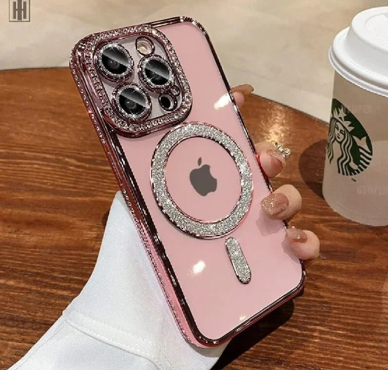 iPhone 15 Pro Glitter Transparent Diamond Wireless Charging Magnetic MagSafe Case - Pink