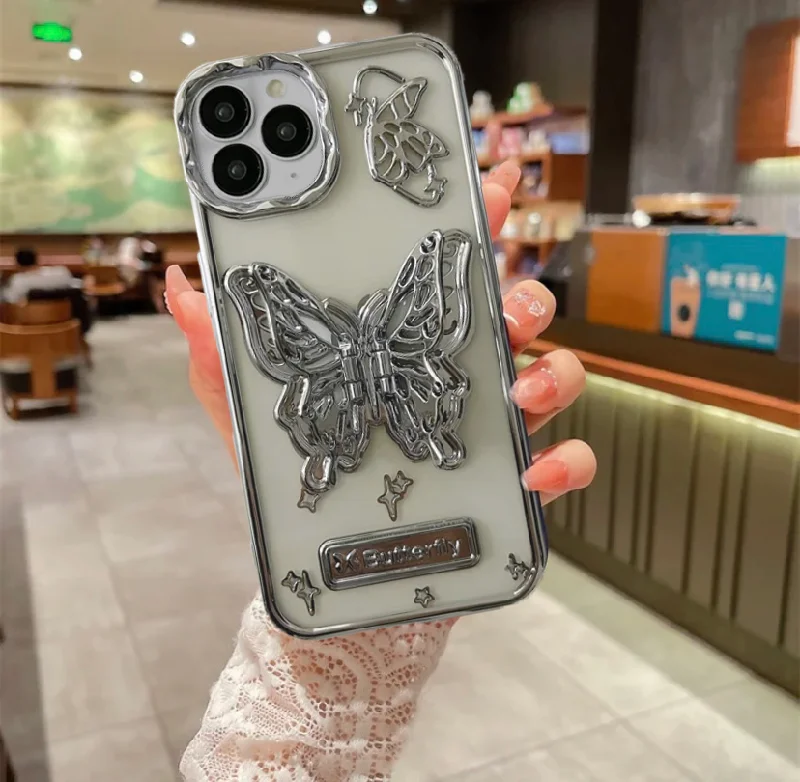 iPhone 15 Pro Max Premium Butterfly Silicone Case- Silver