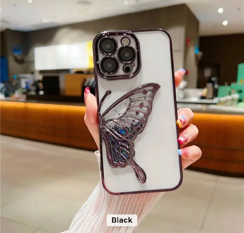 iPhone 15 Pro Max Premium Butterfly Glitter Shockproof Case = Black