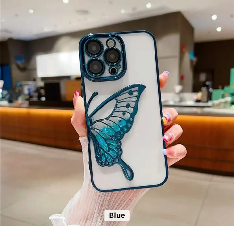 iPhone 15 Pro Max Premium Butterfly Glitter Shockproof Case = Blue