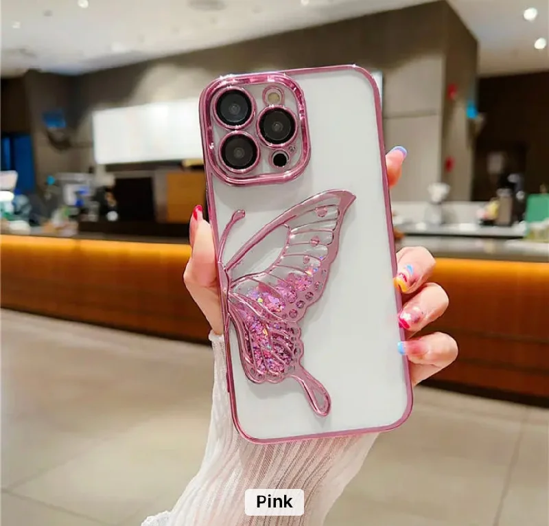 iPhone 15 Pro Max Premium Butterfly Glitter Shockproof Case = Pink