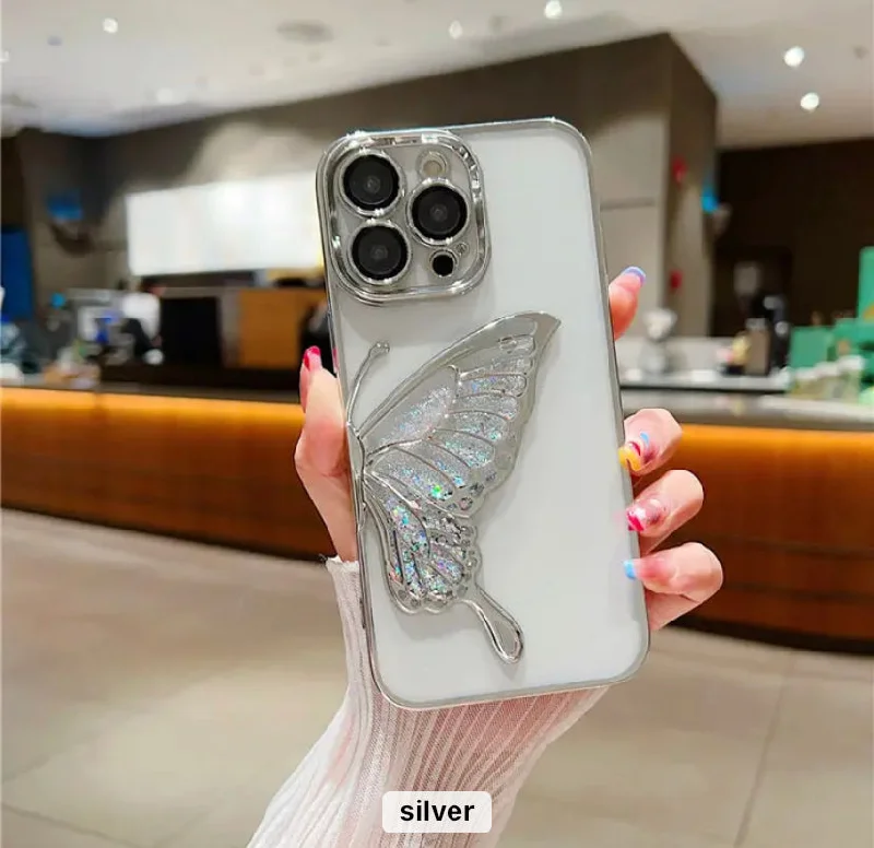 iPhone 15 Pro Max Premium Butterfly Glitter Shockproof Case = Silver