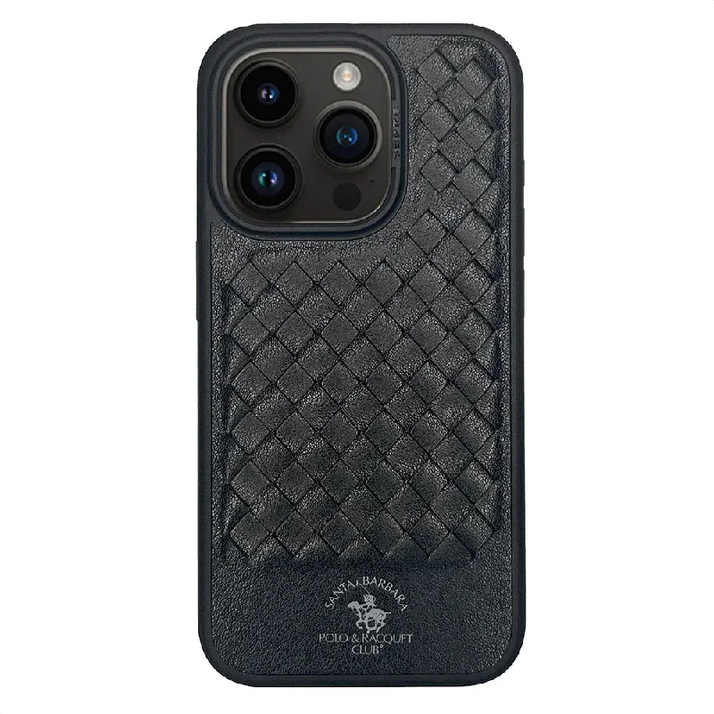 iPhone 15 Pro Max Premium Weaving Pattern Leather Case Cover - Black