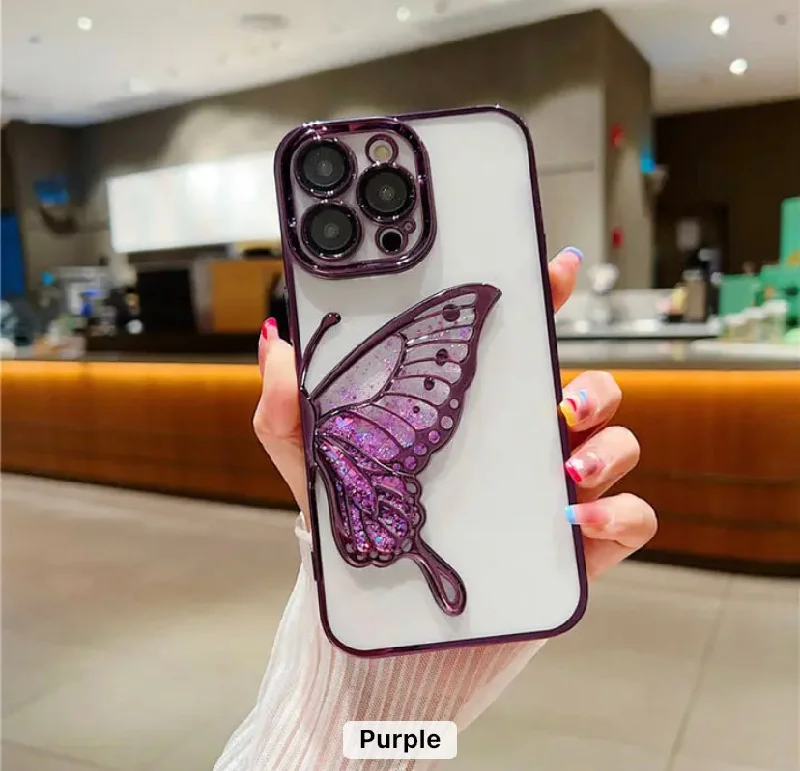 iPhone 15 Pro Premium Butterfly Glitter Shockproof Case = Purple