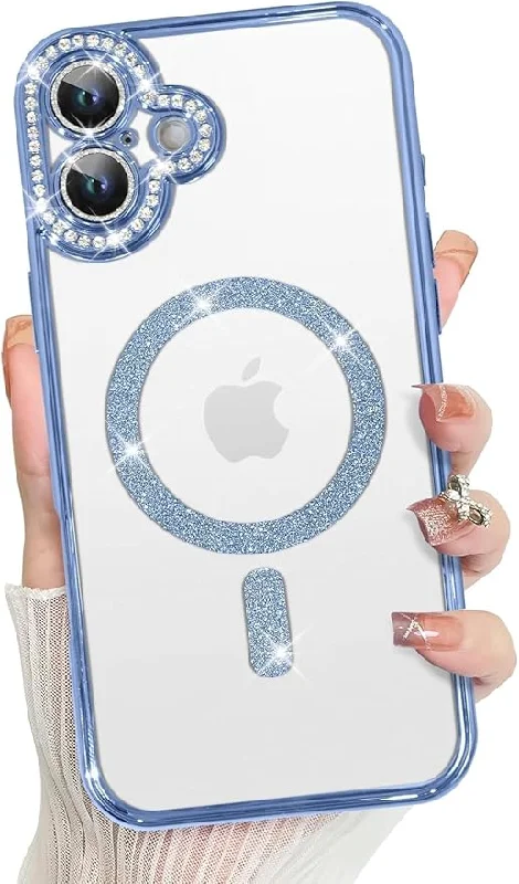 iPhone 16 Glitter Transparent Diamond Wireless Charging Magnetic MagSafe Case - Blue