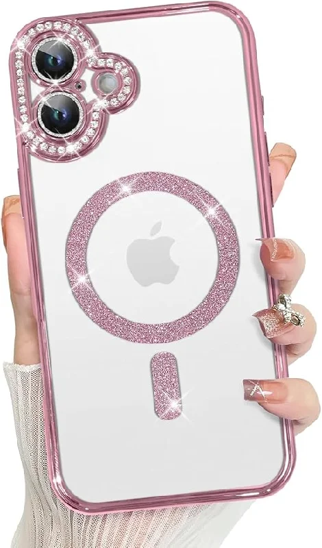 iPhone 16 Glitter Transparent Diamond Wireless Charging Magnetic MagSafe Case - Pink