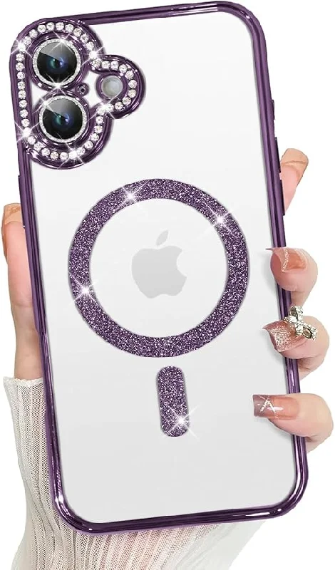 iPhone 16 Glitter Transparent Diamond Wireless Charging Magnetic MagSafe Case - Purple