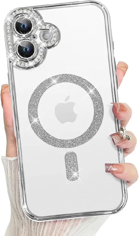 iPhone 16 Glitter Transparent Diamond Wireless Charging Magnetic MagSafe Case - Silver