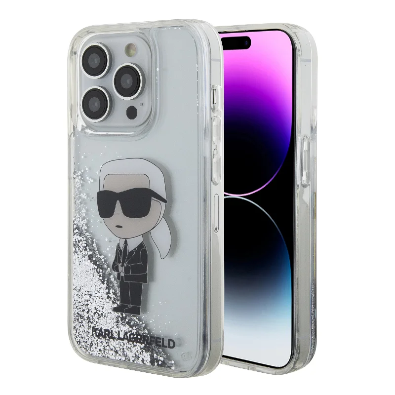 iPhone 15 Pro - PC/TPU Silver Hard Case Liquid Glitter Nft Karl Head - Karl Lagerfeld