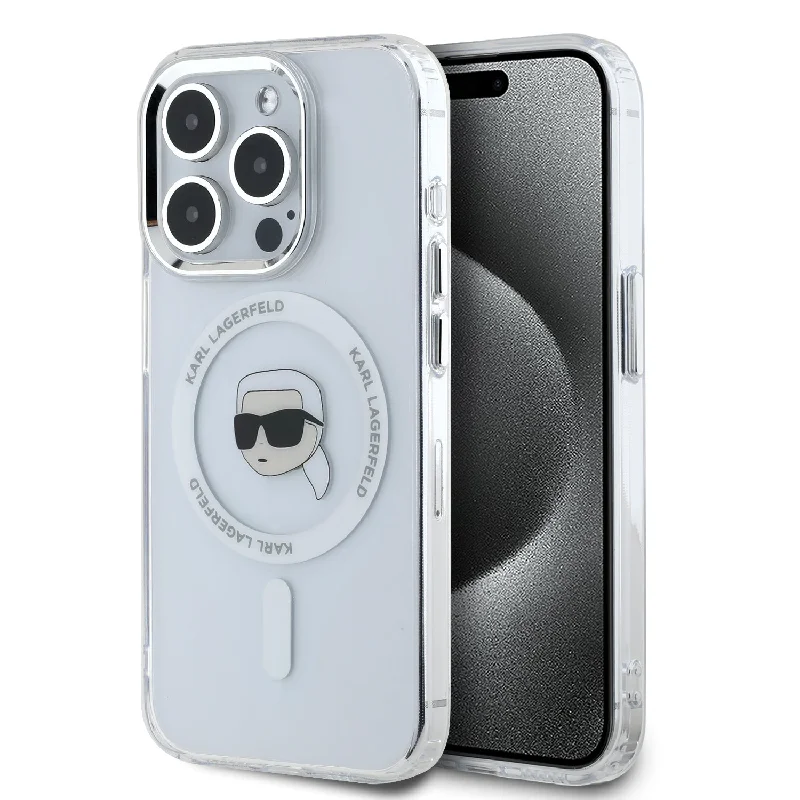 iPhone 16 Pro - PC/TPU White Hard Case MagSafe Compatible Karl Head Metal Design - Karl Lagerfeld