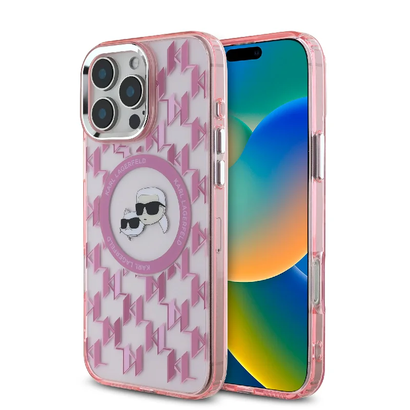 iPhone 16 Pro - PC/TPU Pink Hard Case MagSafe Compatible Monogram Karl And Choupette Heads Metal Design - Karl Lagerfeld