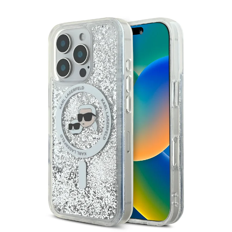 iPhone 16 Pro - PC/TPU Clear Hard Case MagSafe Compatible Liquid Glitter Karl & Choupette Heads Design - Karl Lagerfeld