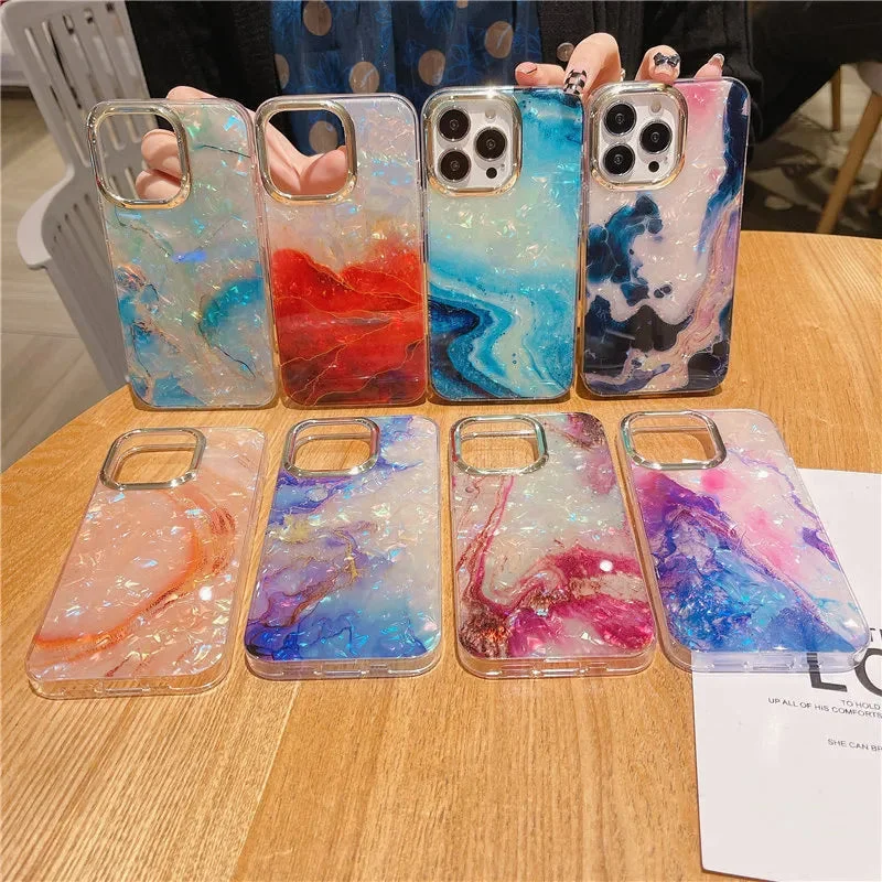 LuxuryKase LK132 Glitter Dream Shell Crack Marble Case For iPhone 15 Plus Pro Max