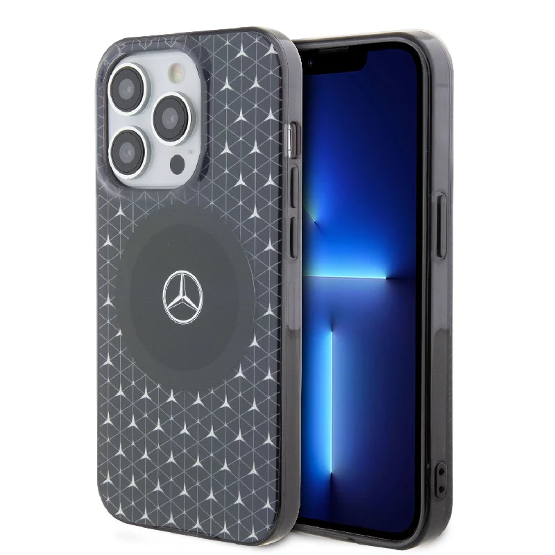 iPhone 15 - PC/TPU Black Double Layer Mafsafe Compatible Case Mini Stars Pattern - Mercedes-Benz