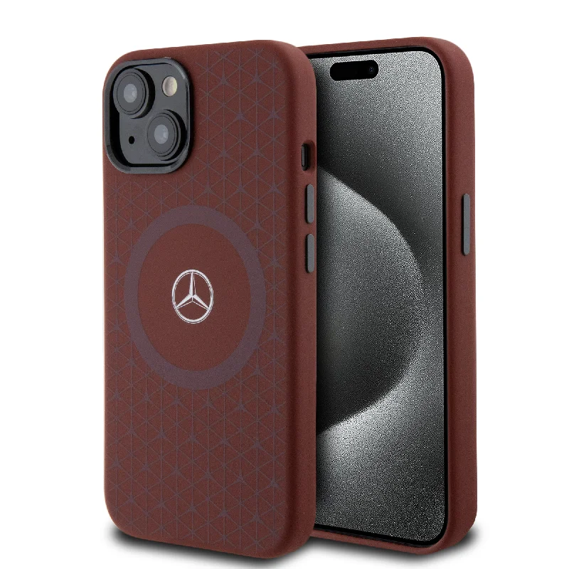 iPhone 15 - Silicone Red Hard Case Liquid Magsafe With Mini Star Pattern - Mercedes-Benz