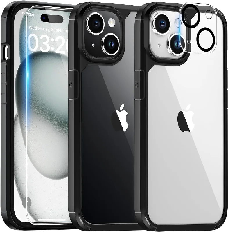 TAURI 5 in 1 for iPhone 15 Case, [Not-Yellowing] with 2X Screen Protectors + 2X Camera Lens Protectors, [Military Grade Drop Protection] Shockproof Slim Phone Case for iPhone 15, Black