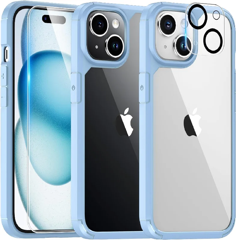 TAURI 5 in 1 for iPhone 15 Case, [Not-Yellowing] with 2X Screen Protectors + 2X Camera Lens Protectors, [Military Grade Drop Protection] Shockproof Slim Phone Case for iPhone 15, Light Blue