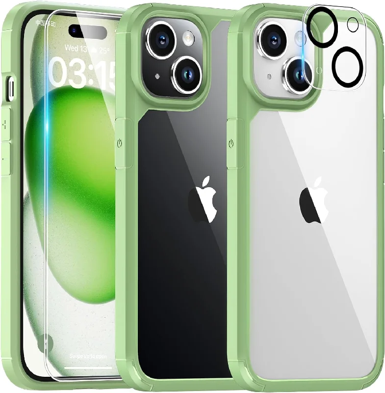 TAURI 5 in 1 for iPhone 15 Case, [Not-Yellowing] with 2X Screen Protectors + 2X Camera Lens Protectors, [Military Grade Drop Protection] Shockproof Slim Phone Case for iPhone 15, Light Green