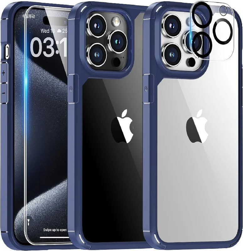 TAURI 5 in 1 for iPhone 15 Pro Case, [Not-Yellowing] with 2X Screen Protector + 2X Camera Lens Protector, [Military Grade Drop Protection] Shockproof Slim Phone Case for iPhone 15 Pro, Blue