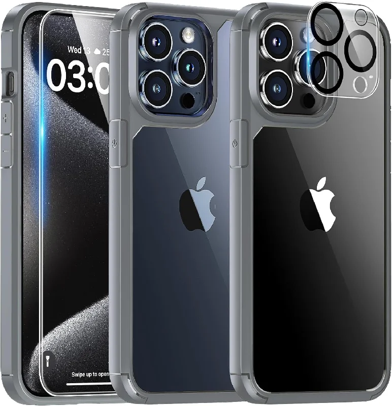 TAURI 5 in 1 for iPhone 15 Pro Case, [Not-Yellowing] with 2X Screen Protector + 2X Camera Lens Protector, [Military Grade Drop Protection] Shockproof Slim Phone Case for iPhone 15 Pro, Gray