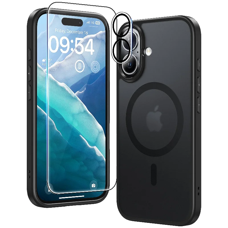 TAURI 5 in 1 for iPhone 16 Plus Case, [Compatible with MagSafe] with 2X Screen Protector +2X Camera Lens Protector, Translucent Matte Magnetic Phone Case for iPhone 16 Plus 6.7", Matte Black