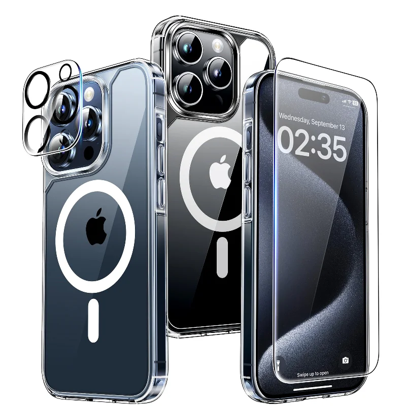 TAURI 5 in 1 Magnetic Case for iPhone 15 Pro [Military Grade Drop Protection] with 2X Screen Protector + 2X Camera Lens Protector, Transparent Slim Fit Case Mag-Safe-Clear