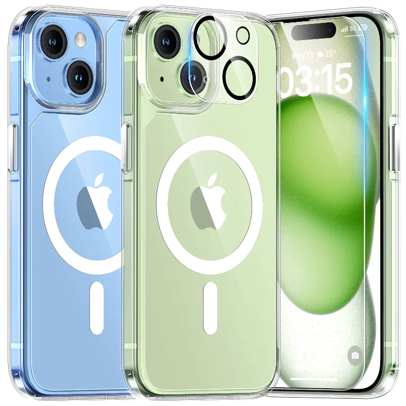 TAURI 5 in 1 Magnetic for iPhone 15 Case Clear, [Designed for Magsafe] with 2X Screen Protectors +2X Camera Lens Protectors, [Not-Yellowing] Shockproof Slim Case for iPhone 15