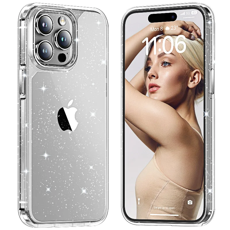 TAURI Designed for iPhone 15 Pro Case Glitter, [Not Yellowing] [Military Grade Drop Protection] Bling Sparkle Shockproof Cute Sparkly Phone Case for iPhone 15 Pro, Glitter Clear, 6.1 inch