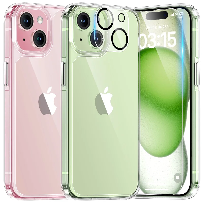 TAURI for iPhone 15 Case, [5 in 1] 1X Clear Case [Not-Yellowing] with 2X Screen Protector + 2X Camera Lens Protector, [Military Grade Drop Protection] Shockproof Slim Phone Case for iPhone 15, 6.1"